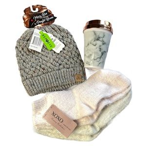 Cozy Gift Set!  Ponytail Beanie, Lounge Socks, Coffee Travel Mug Valentine Idea